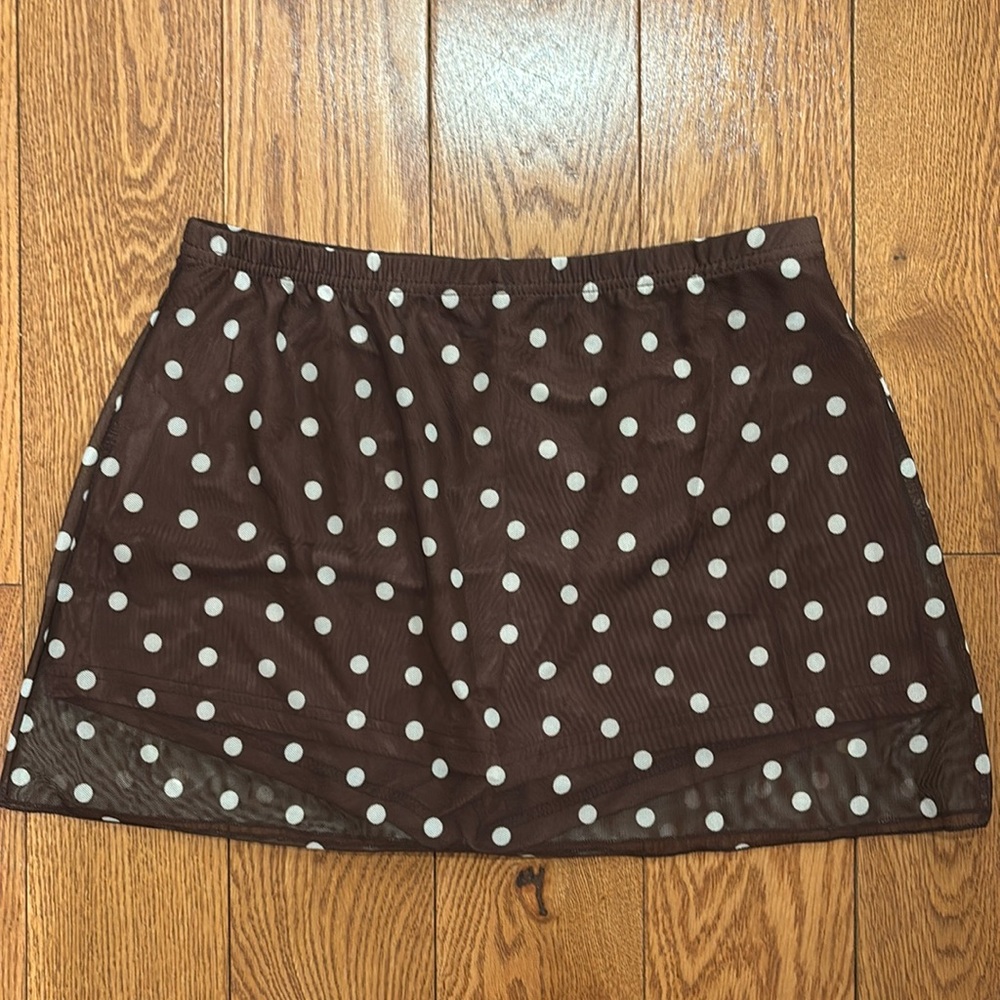 Brown polka dot mesh skort